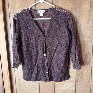 Forever New York Lace Blouse Womens M Mauve Sheer Back 3/4 Sleeve Cotton Lined